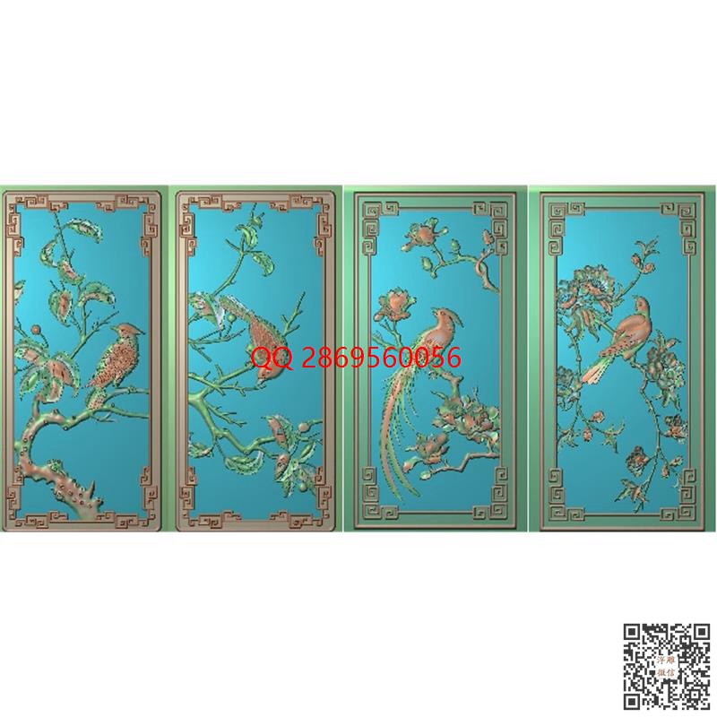 x1花开富贵背板 檀雕花鸟沙发床头柜门背板四张.jpg