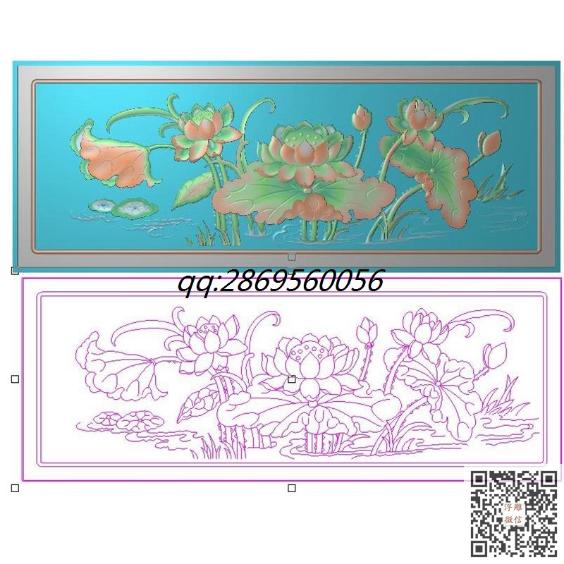 横板荷花栏板精雕图石雕莲花荷花围板灰度图