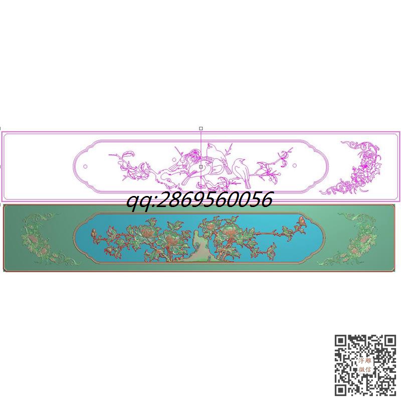 牡丹花床尾大板精雕图横板牡丹花床板灰度图横版牡丹床板
