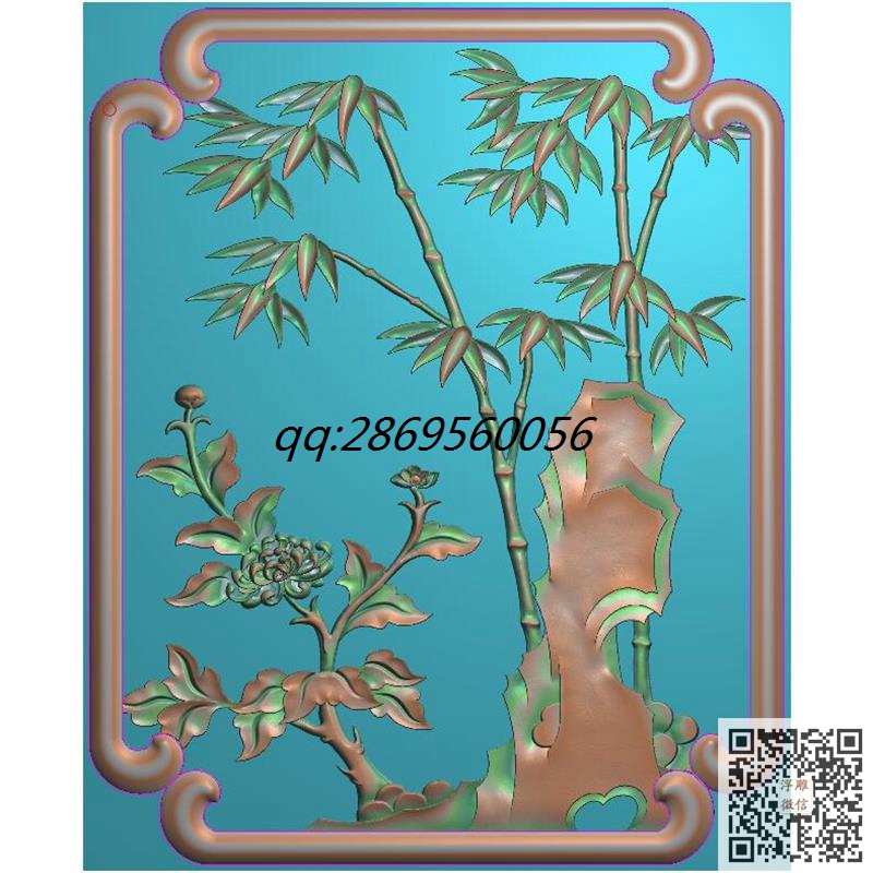竹子门板精雕图竹子菊花灰度图梅兰竹菊花草