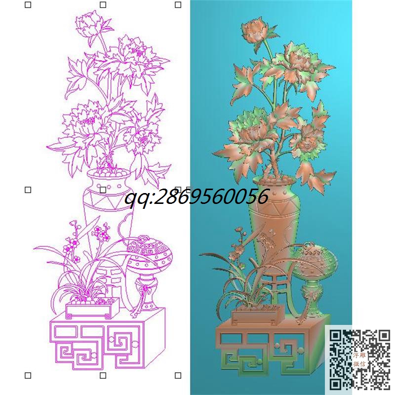 博古牡丹花花瓶门板精雕图仿古牡丹花瓶