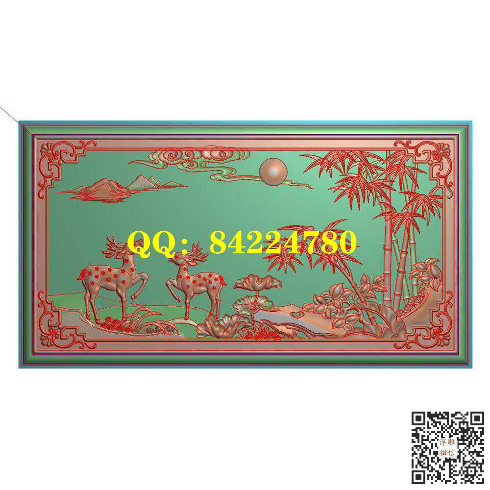 642祥云竹子梅花鹿椅背板山水鹿荷花精雕图