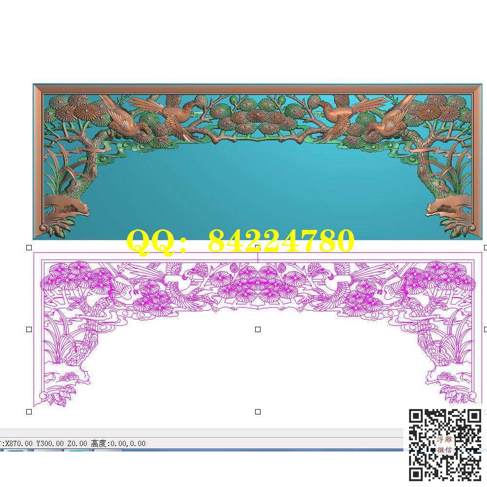 镂空松树鸟挂落牙板精雕图灰度图