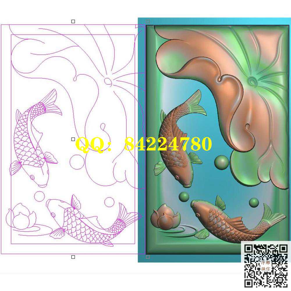YU340双鱼鲤鱼精雕图灰度图