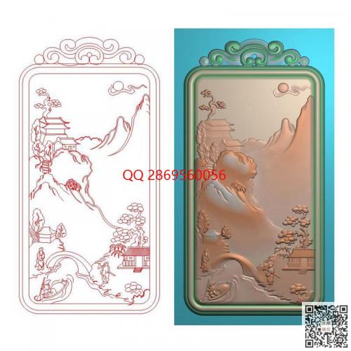 仿古山水牌子洋花牌头玉雕松树山水挂件精雕图jdp素材山水人物牌子灰度图电脑雕刻浮雕图