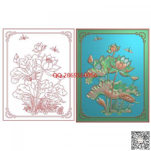 荷花蜻蜓门板精雕图荷花柜子门板bmp浮雕图jdp电脑雕刻图荷花灰度图花草