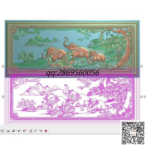 动物大床背板大象精雕图仿古动物芭蕉树灰度图山水动物象群bmp浮雕图jdp文件素材电脑雕刻图
