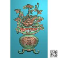 仿古牡丹花福字花瓶门板精雕图灰度浮雕图电脑雕刻图荷花香桌花瓶背板