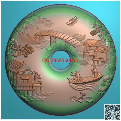 山水平安扣挂件玉雕风景人物小船游玩牌子精雕图jdp灰度图bmp电脑雕刻浮雕图数控雕刻机图素材
