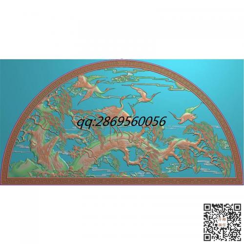 半圆回纹边框半圆迎客松鹤挂匾精雕图jdp灰度图迎客松仙鹤挂屏bmp电脑雕刻浮雕图数控雕刻机图素材