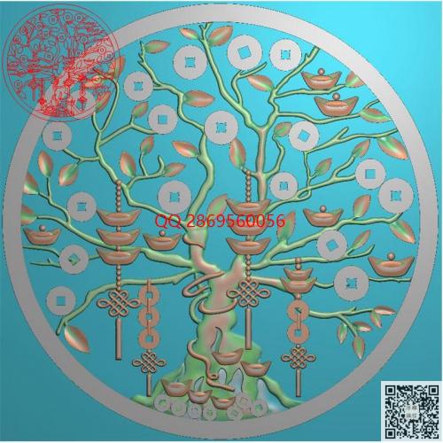 圆形摇钱树挂件圆牌精雕图铜钱招财树元宝铜钱牌子jdp灰度图bmp电脑雕刻浮雕图数控雕刻机图素材