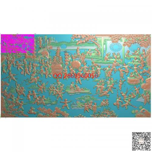 童子人物百子横屏大图带线精雕图jdp长方形百子图挂屏床板背板灰度图bmp电脑雕刻浮雕图数控雕刻机图素材