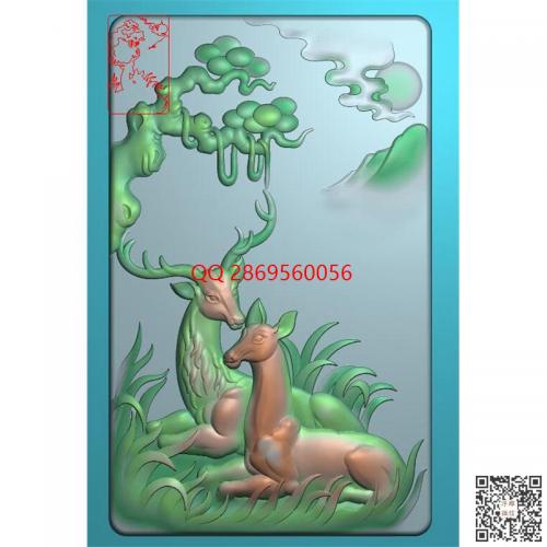 梅花鹿牌子精雕图爱情寓意挂件双鹿牌子jdp灰度图bmp电脑雕刻浮雕图数控雕刻机图素材