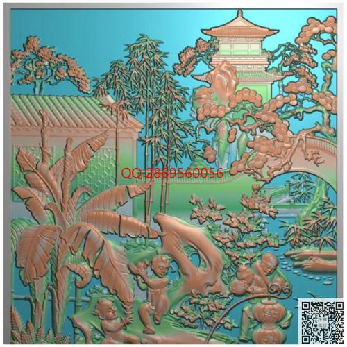 山水人物童子门板精雕图jdp灰度图bmp电脑雕刻浮雕图数控雕刻机图素材
