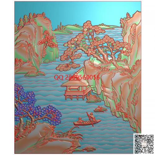 山水风景人物划船门板精雕图jdp灰度图bmp电脑雕刻浮雕图数控雕刻机图素材