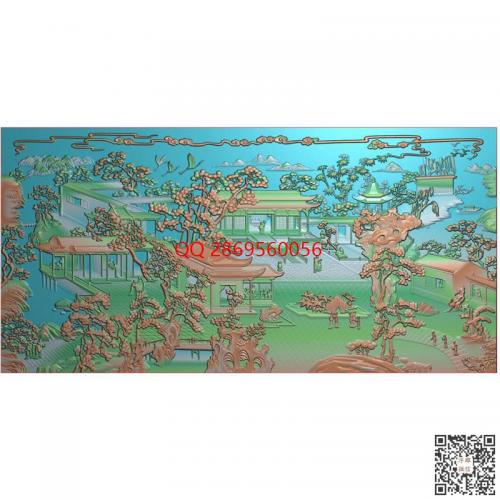 山水风景房子门板精雕图山水靠背板jdp灰度图bmp电脑雕刻浮雕图数控雕刻机图素材