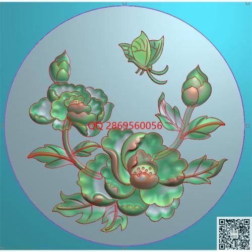 圆形牡丹花蝴蝶挂件精雕图jdp灰度图花开富贵圆牌bmp电脑雕刻浮雕图数控雕刻机图素材