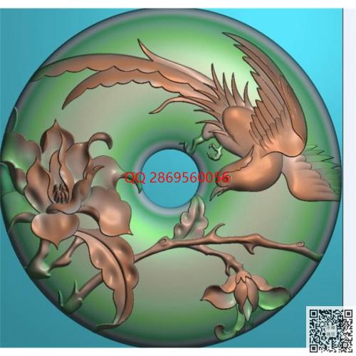 凤凰牡丹花挂件圆牌精雕图圆形凤凰牡丹平安扣jdp灰度图bmp电脑雕刻浮雕图数控雕刻机图素材