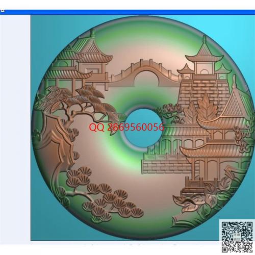 圆形园林风景平安扣小桥松树圆牌精雕图jdp灰度图bmp电脑雕刻浮雕图数控雕刻机图素材