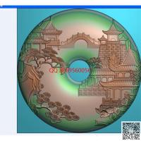 圆形园林风景平安扣小桥松树圆牌精雕图jdp灰度图bmp电脑雕刻浮雕图数控雕刻机图素材