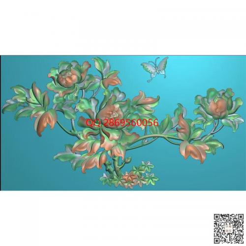 富贵花板餐桌牡丹花精雕图jdp蝴蝶牡丹花门板背板灰度图bmp电脑雕刻浮雕图数控雕刻机图素材