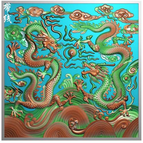 双龙戏珠屏风方板带线精雕图石雕二龙挂屏jdp灰度图大海盘龙bmp电脑雕刻浮雕图数控雕刻机图素材