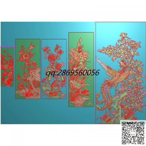 竖板牡丹花屏风菊花荷花门板精雕图精品四季花鸟屏风jdp灰度图bmp电脑雕刻浮雕图数控雕刻机图素材