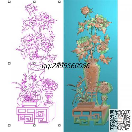 博古牡丹花花瓶门板精雕图仿古牡丹花瓶jdp灰度图bmp电脑雕刻浮雕图数控雕刻机图素材