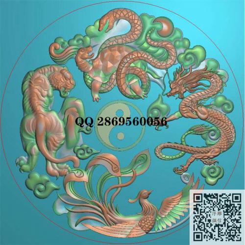 圆形四大神兽圆牌 神明 青龙 白虎 朱雀 玄武圆盘挂匾挂屏精雕图jdp灰度图bmp电脑雕刻浮雕图数控雕刻机图素材