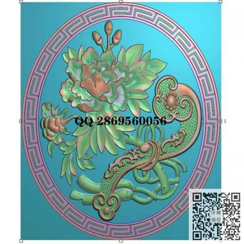 椭圆回纹边框如意牡丹挂件挂匾挂屏精雕图jdp灰度图bmp电脑雕刻浮雕图数控雕刻机图素材