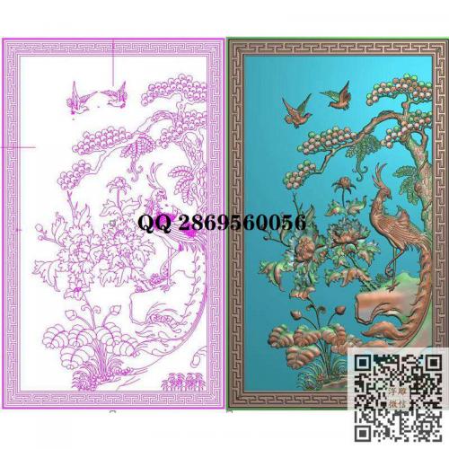 回纹边框凤凰牡丹花鸟门板背板靠背精雕图jdp灰度图bmp电脑雕刻浮雕图数控雕刻机图素材