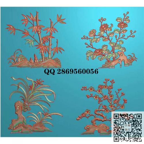 梅兰竹菊 四季花门板背板 花草四君子精雕图jdp灰度图bmp电脑雕刻浮雕图数控雕刻机图素材