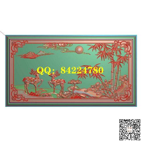 祥云竹子梅花鹿椅背板山水鹿荷花靠背精雕图jdp灰度图bmp电脑雕刻浮雕图数控雕刻机图素材