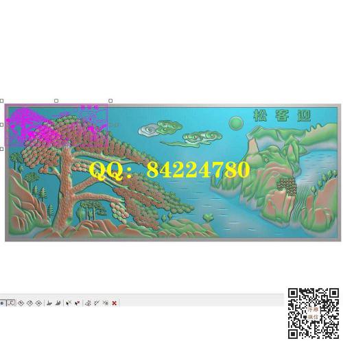 山水迎客松挂屏带线精雕图横板迎客松石雕挂匾jdp灰度图bmp电脑雕刻浮雕图数控雕刻机图素材