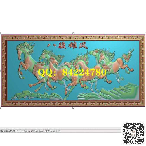 八骏雄风挂屏回纹边框八骏图挂匾精雕图jdp灰度图bmp电脑雕刻浮雕图数控雕刻机图素材