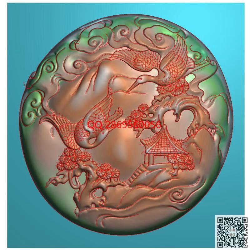 松鹤延年圆形山水祥云挂件圆牌玉雕花鸟精雕图jdp灰度图bmp电脑雕刻