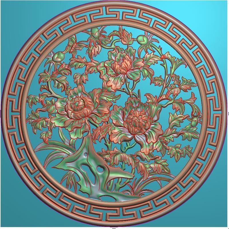 边框牡丹通花灰度图bmp电脑雕刻浮雕图数控雕刻机图素材圆牡丹花挂件